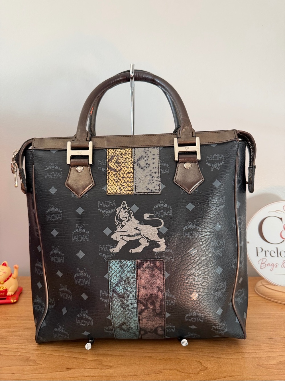 MCM Black Leather Satchel with Multicolor Snakeskin Panels